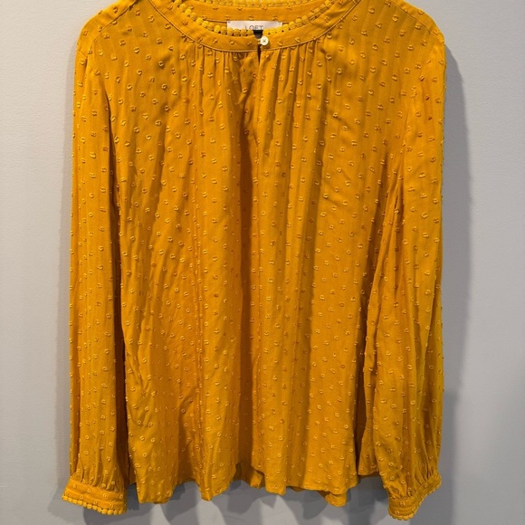 LOFT Mustard Yellow Blouse with Ruffled Puff Sleeves and Pleated Neckline - Picture 1 of 4
